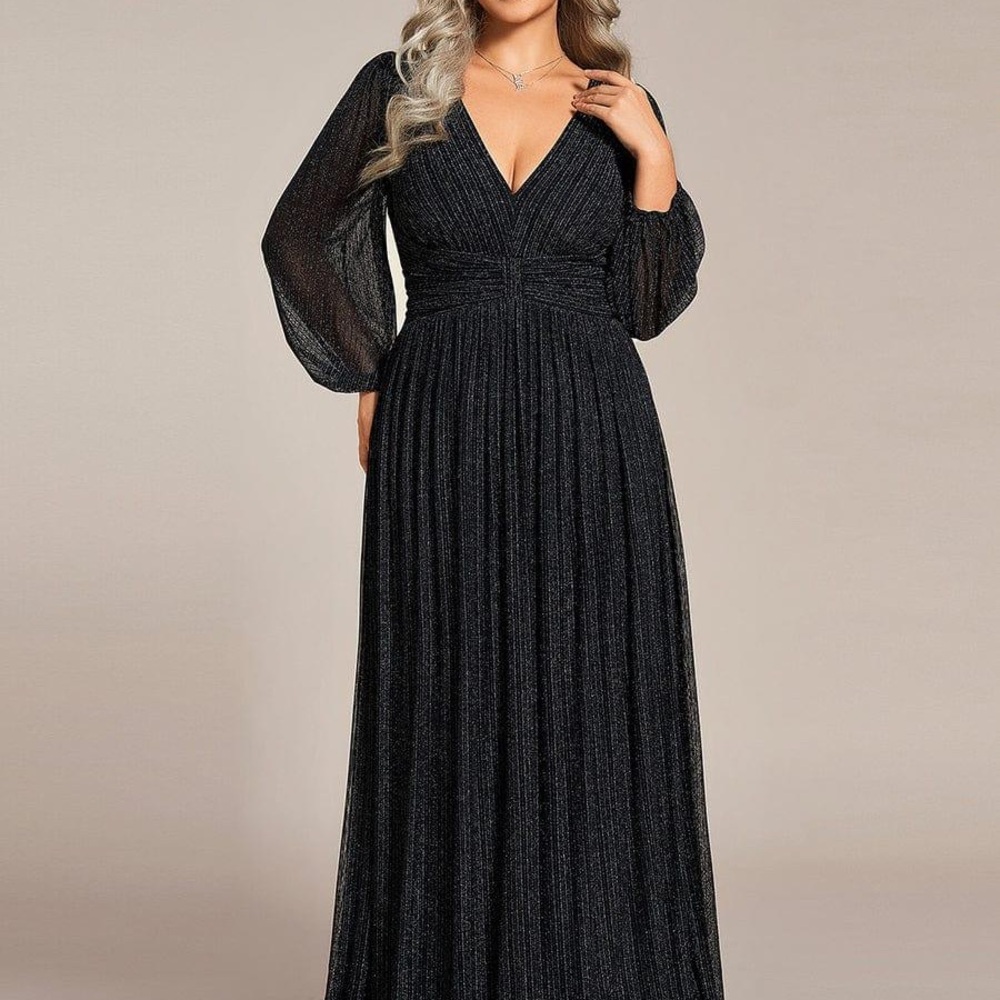 Black V-Neck Long Sleeve Pleated Evening Gown